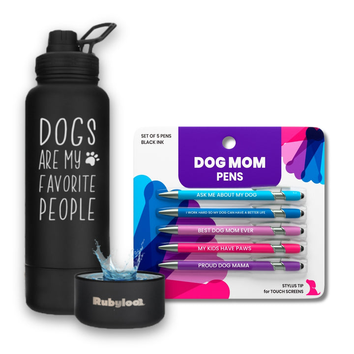 Water Bottle with Dog Bowl & Dog-Themed Stylus Pen Set