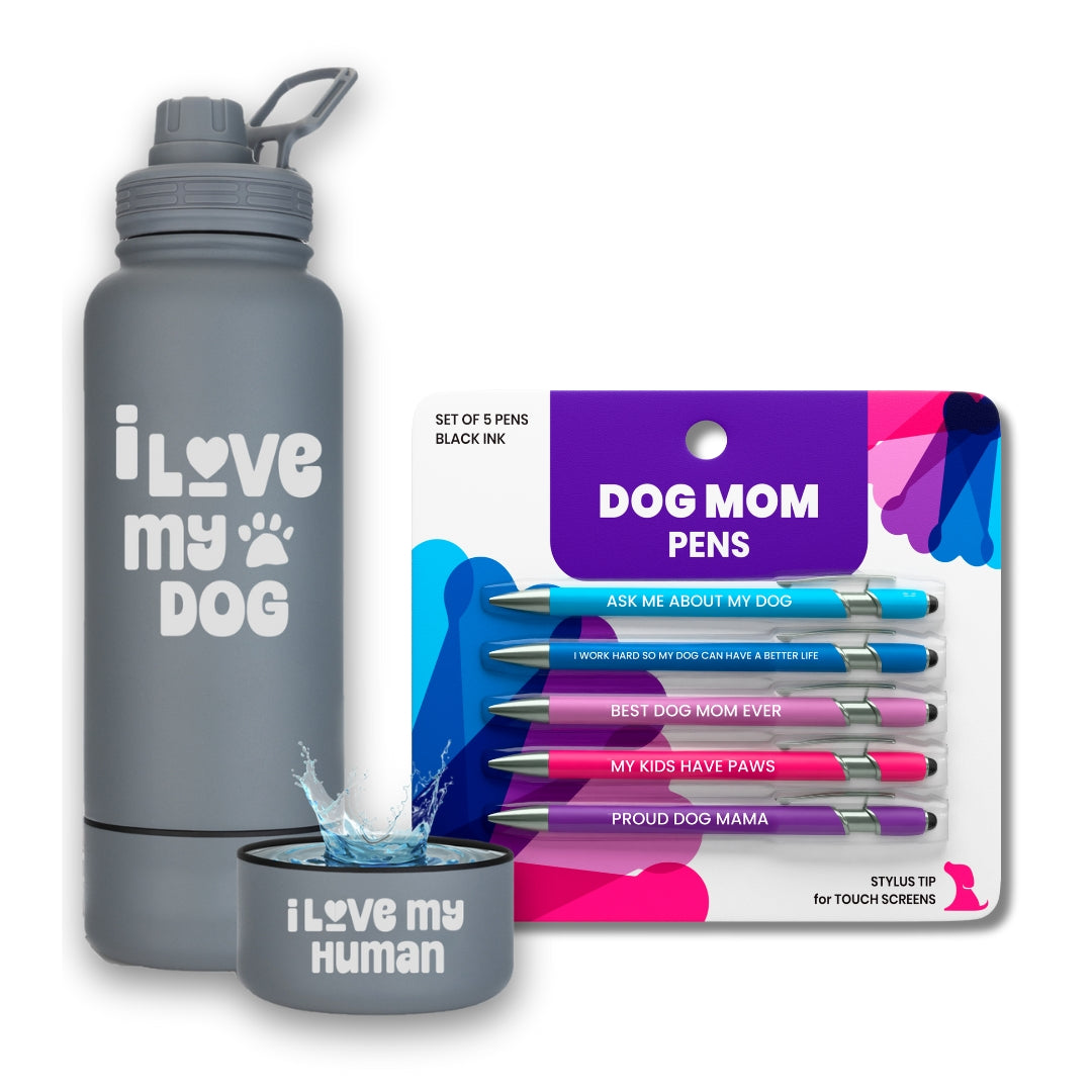 Water Bottle with Dog Bowl & Dog-Themed Stylus Pen Set