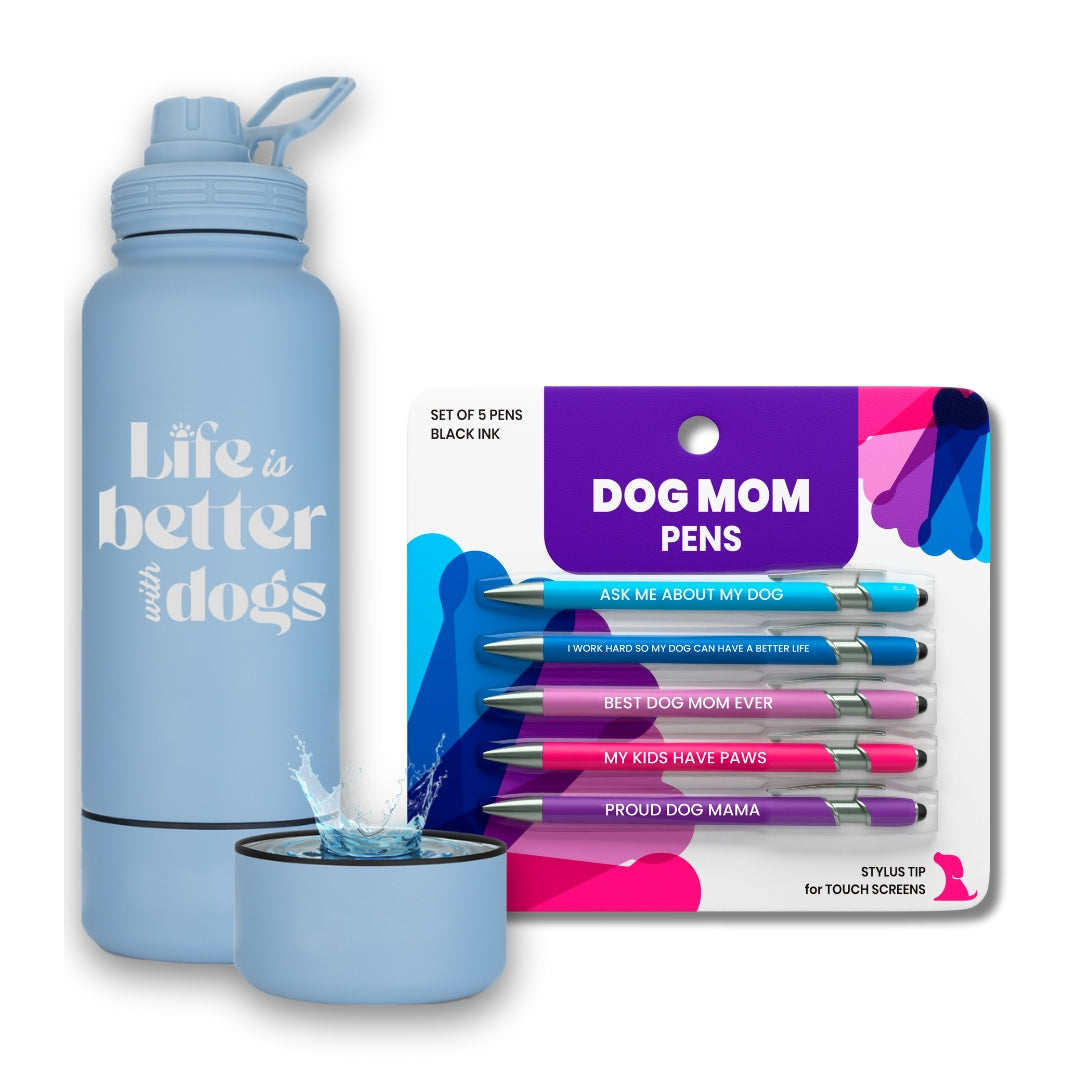 Water Bottle with Dog Bowl & Dog-Themed Stylus Pen Set