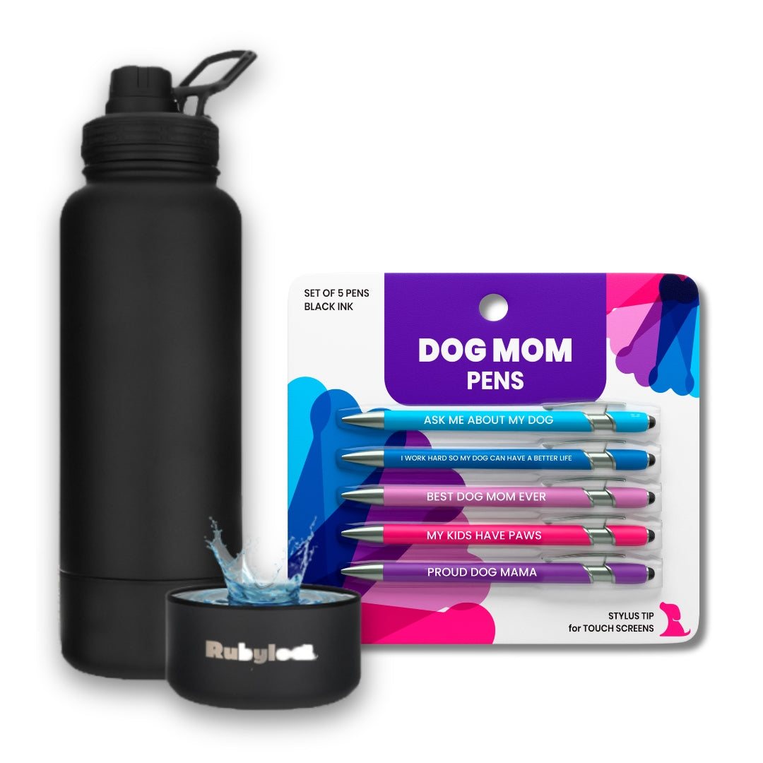 Water Bottle with Dog Bowl & Dog-Themed Stylus Pen Set